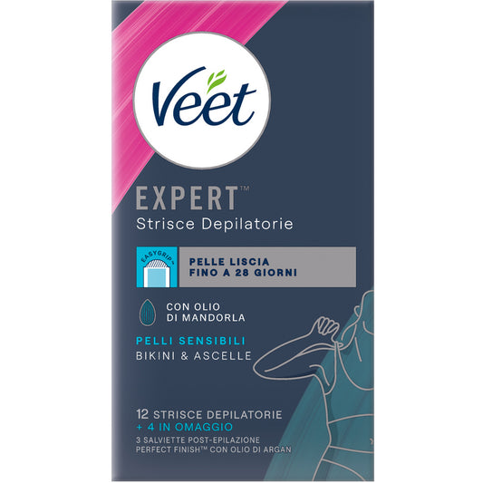Veet 12+4 Depilatory Strips For Bikini & Armpits Sensitive Skin with Almond Oil