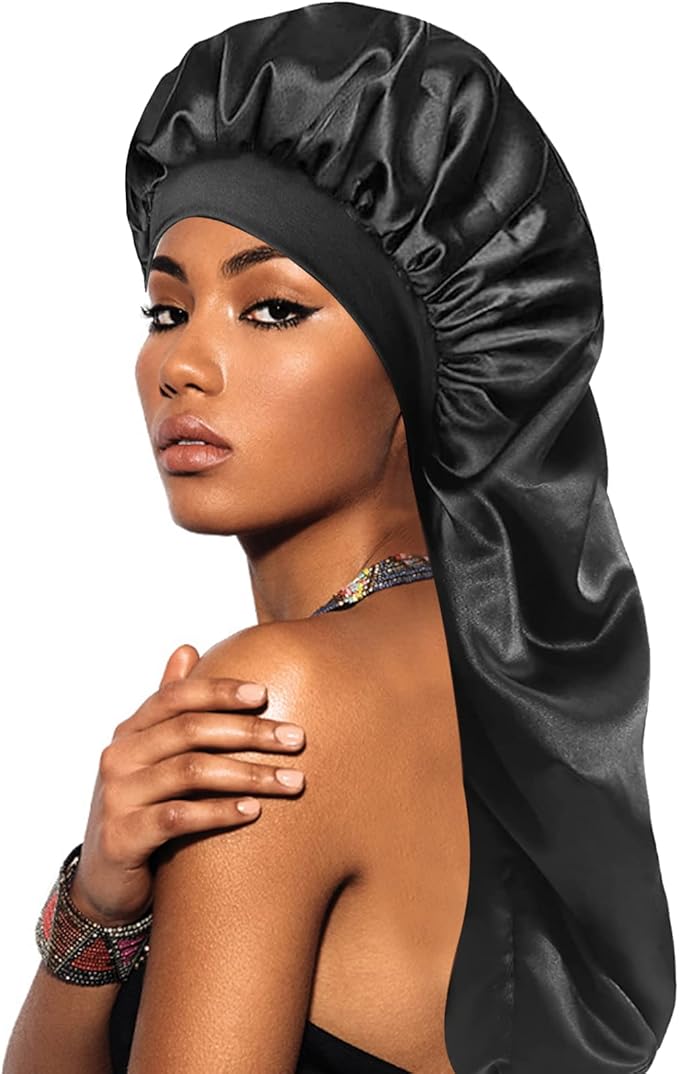 Murry Collection Wide Band Silky Satin Braid Bonnet (Black) 25" Long MBY401BLK