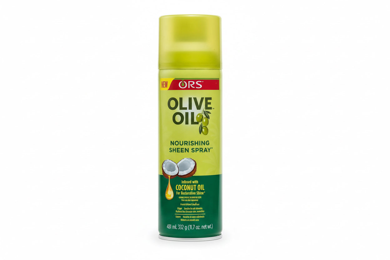 A bottle of ORS Olive Oil Nourishing Sheen Spray with a green label, displaying the product name and the olive leaf logo.