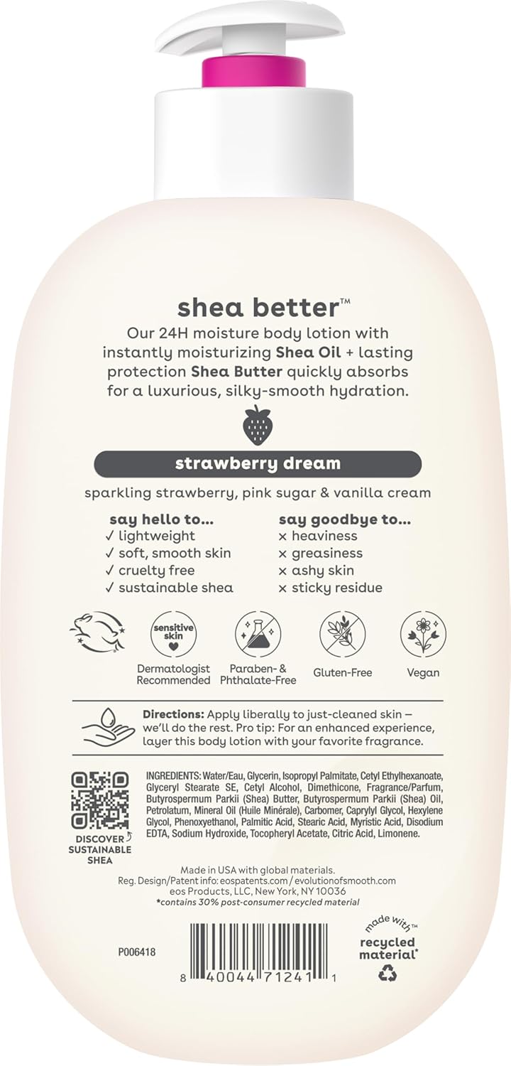 eos Shea Better Body Lotion Strawberry Dream, 24-Hour Moisture Skin Care 16Oz