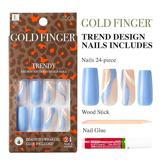Gold Finger Full Cover False Nails Kit with Glue,Trendy Design, Ready to Wear Gel