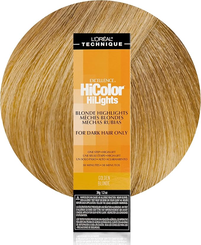L'Oreal Technique Excellence HiColor Highlights packaging with blonde hair strands on a white background