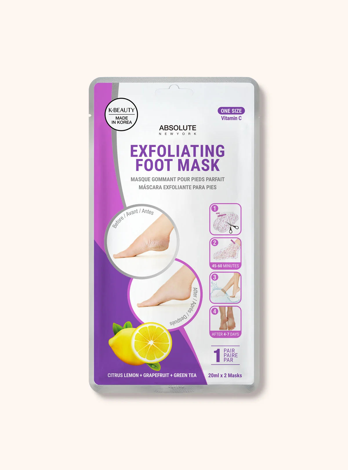 Absolute New York Citrus+Grapefruit+Green Tea, Exfoliating Foot Mask 20ml x 2 in 1 Pair