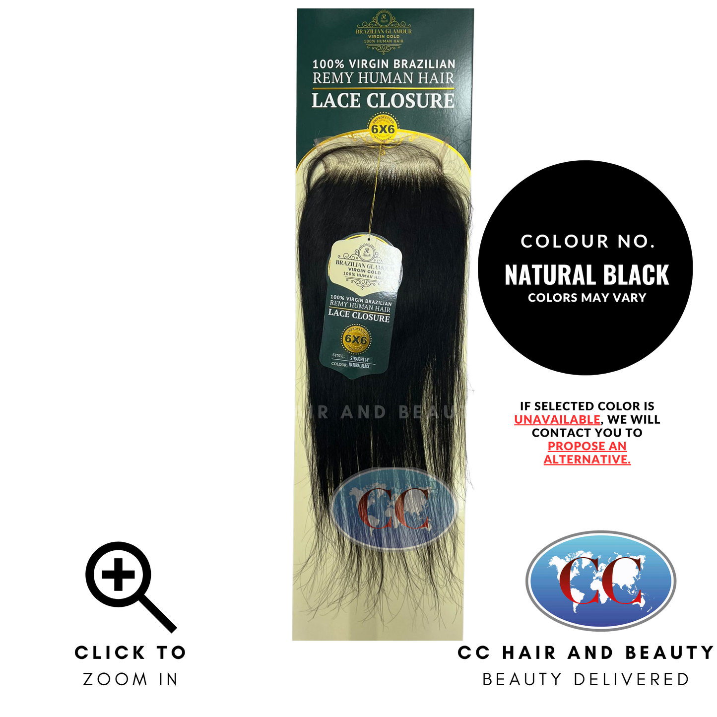 Brazilian Glamour Virgin Brazilian Remy Human Hair Lace Closure 6x6 Straight 14" - NATURAL BLACK