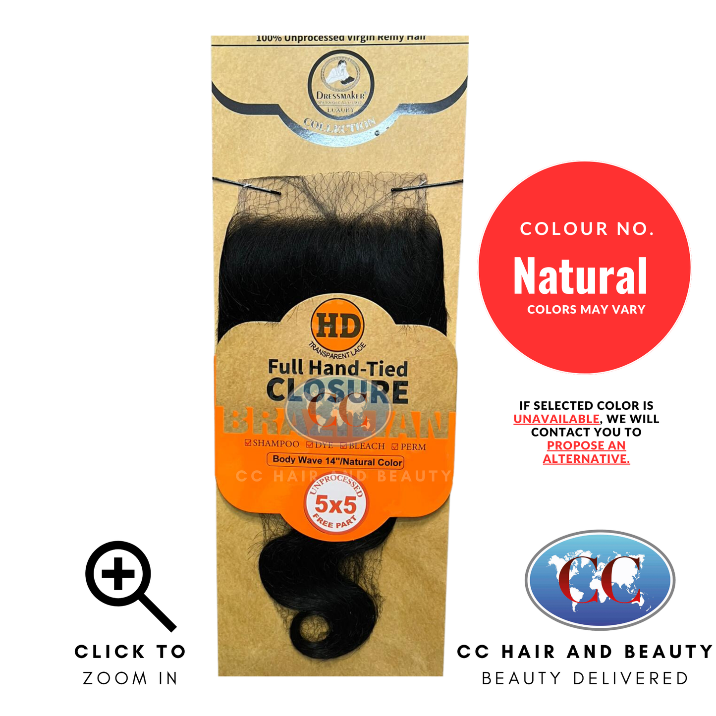 Dressmaker Premium 5x5 Full Hand-Tied Brazilian Free Part Closure Body Wave Natural Color-size 14''