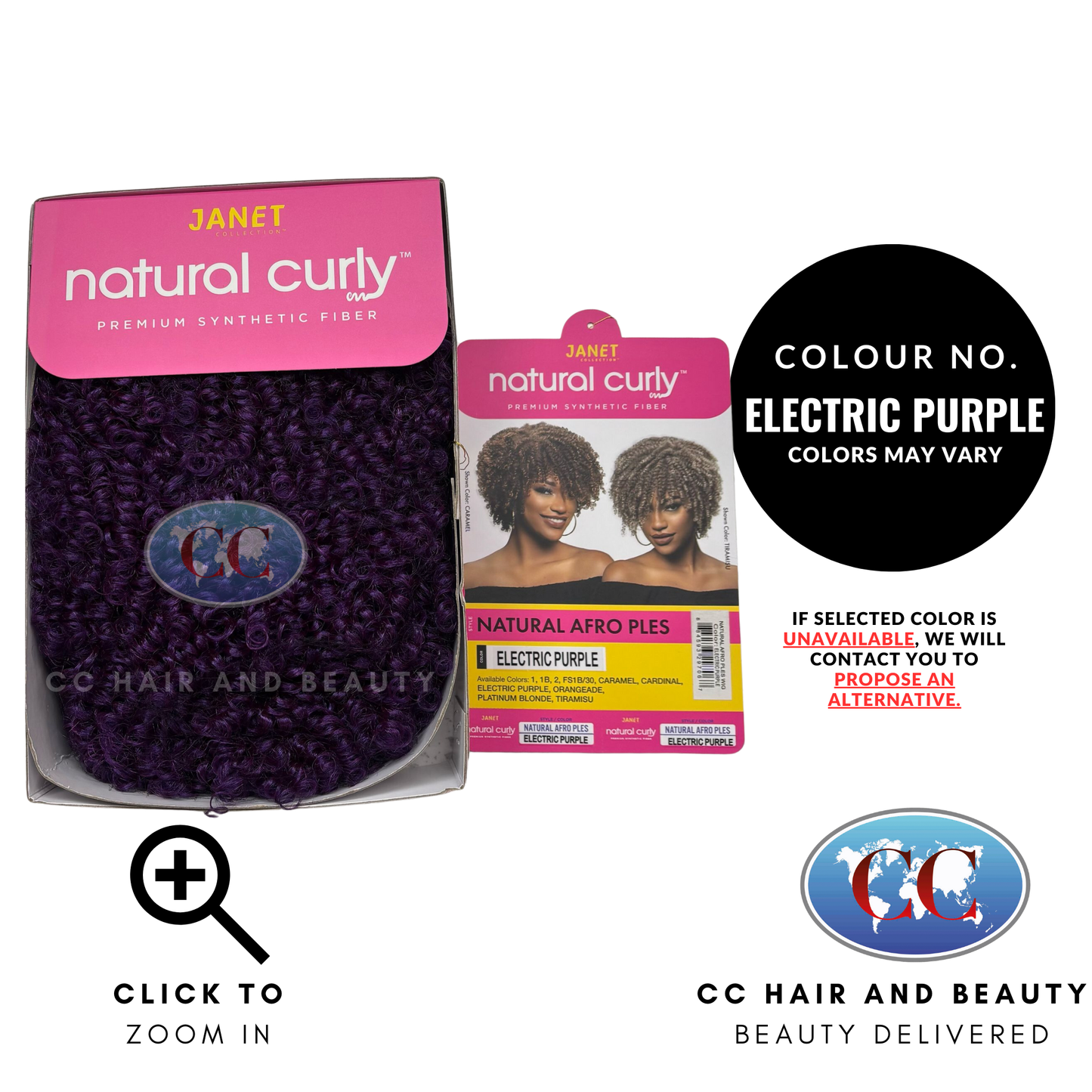 A woman wearing an off-shoulder black top modeling a synthetic wig with natural afro curls in an orangeade color.