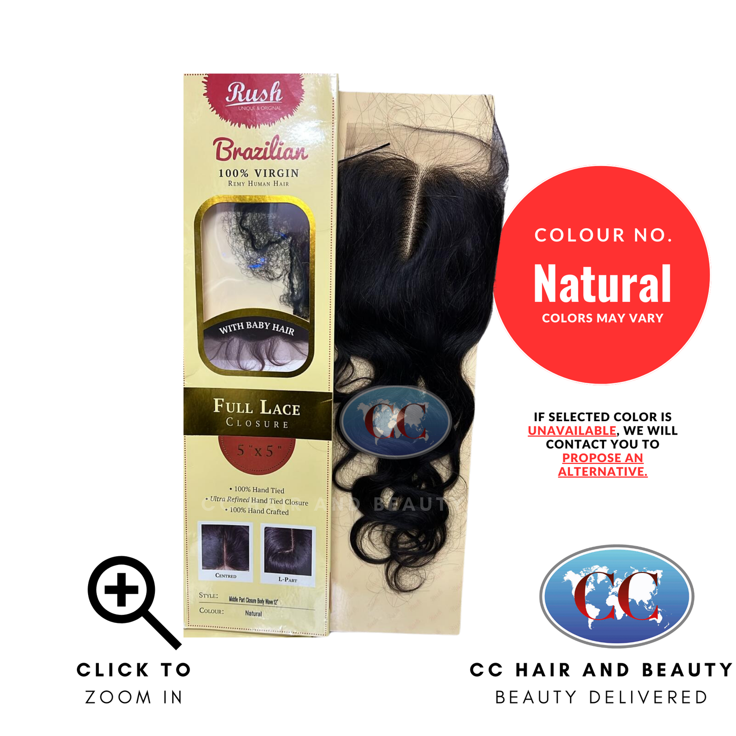 Rush Brazilian 100% Virgin Remy Human Hair Full Lace Closure 5" X 5" Middle Part Closure Body Wave 12"-Natural