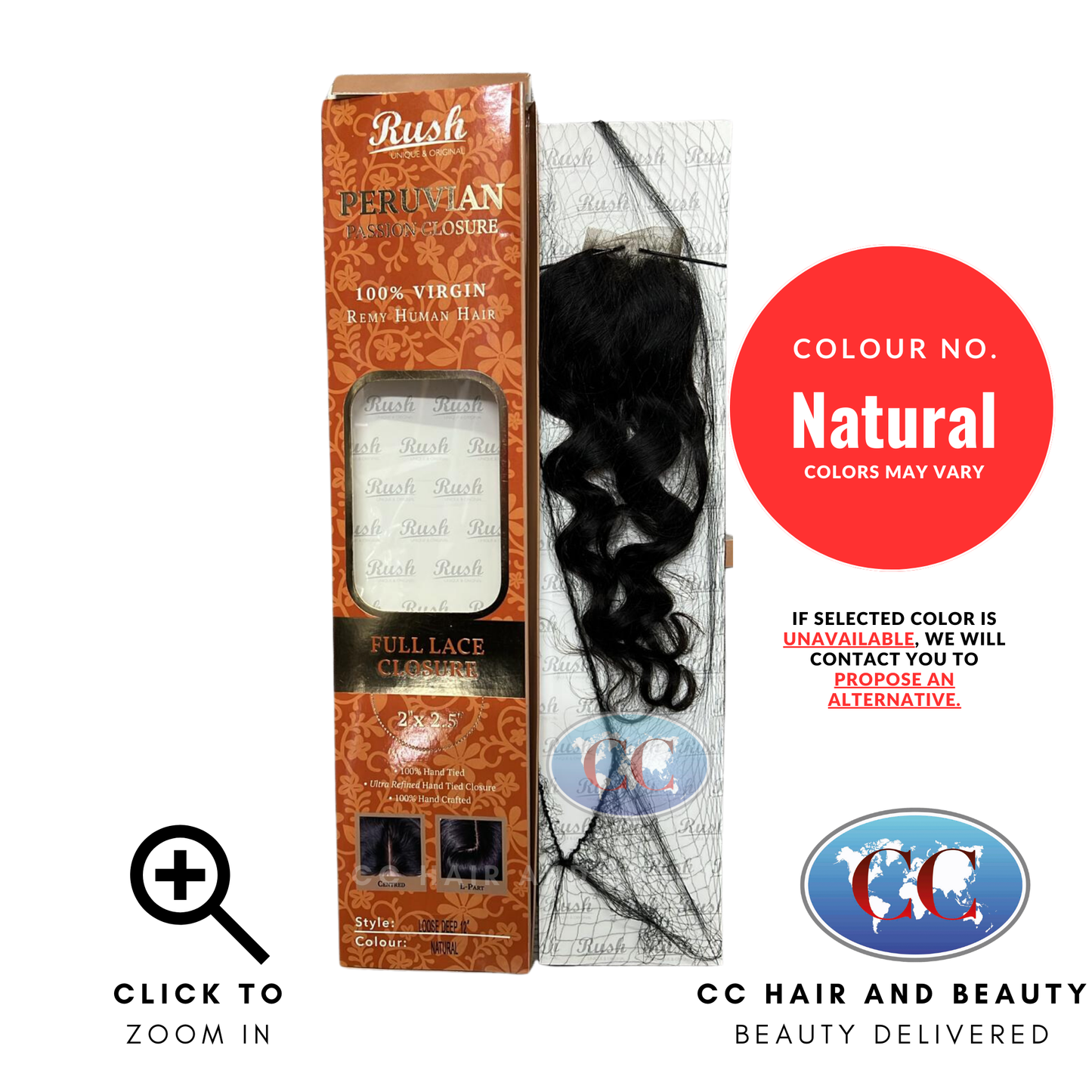 Rush Peruvian Passion Closure 100% Virgin Remy Human Hair Full Lace Closure 2" X 2.5" Loose Deep 12"-Natural