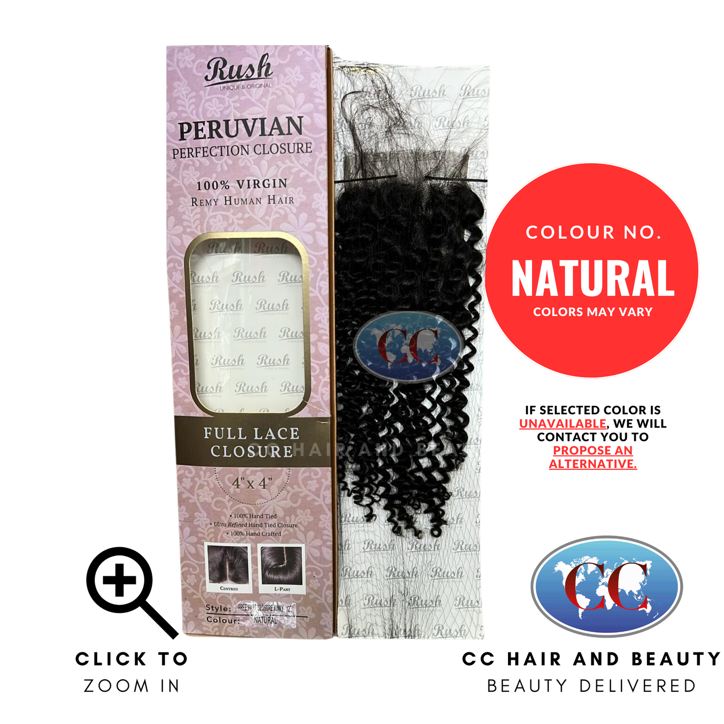 Rush Peruvian Perfection Closure 100% Virgin Remy Human Hair Full Lace Closure 4" X 4" Free Part Closure Kinky 12"-Natural