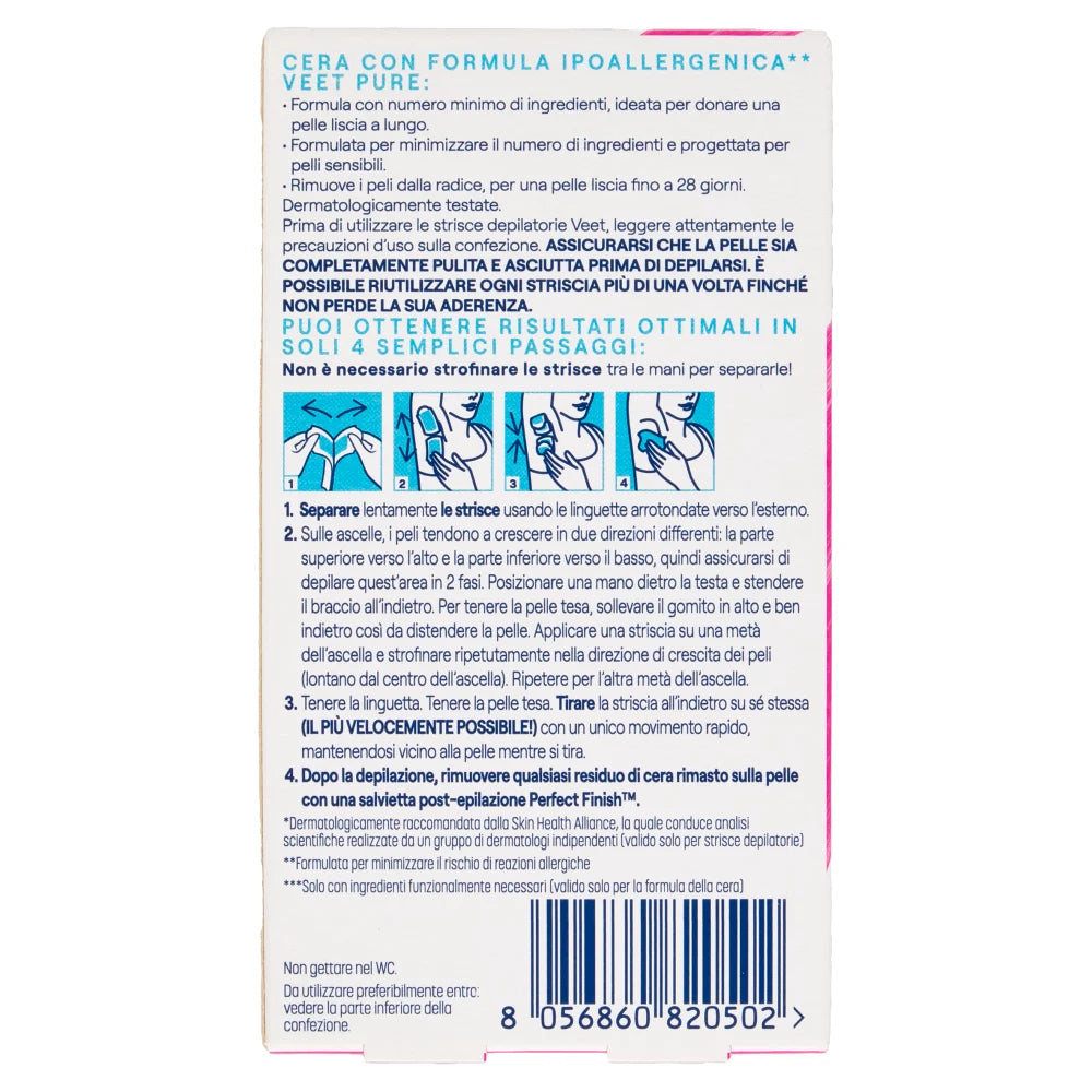 Veet Pure Hypoallergenic Underarm Strips, 16 Strips