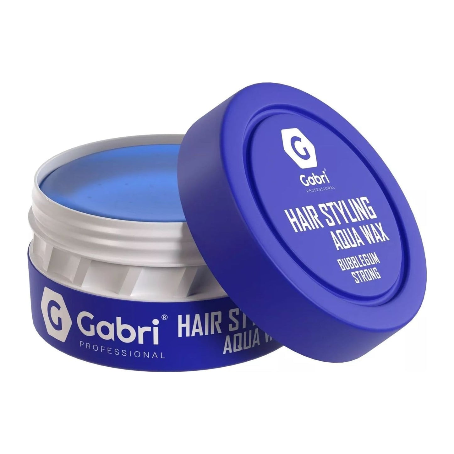 Gabri Professional Strong Hold Hair Gel Wax in Bubblegum, 150ml blue gel in a black and silver tub
