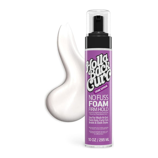 Holla Back Curl No Fuss Foam Firm Hold 10oz pump bottle of curl-defining mousse for curly hair