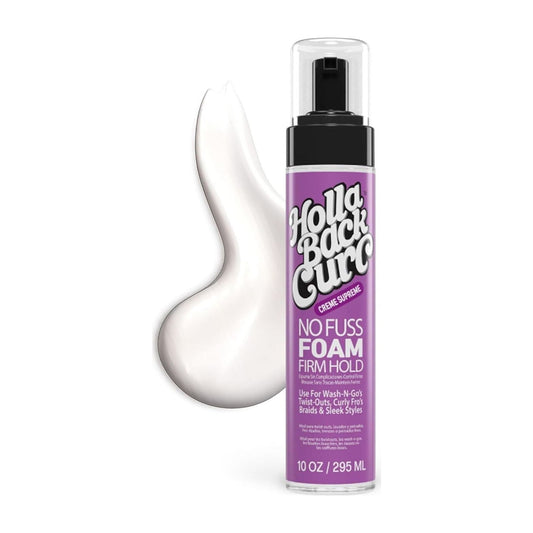 Holla Back Curl No Fuss Foam Firm Hold 10oz pump bottle of curl-defining mousse for curly hair