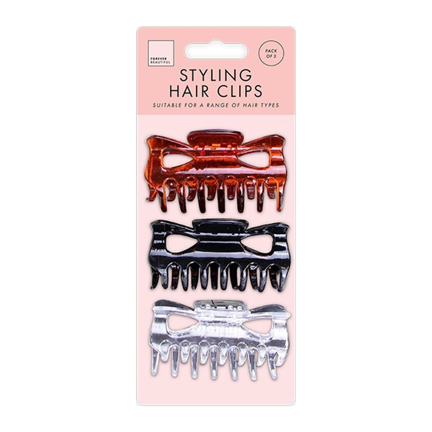 Jones & Co claw styling hair clips 3 pack in black, brown and clear on backing card