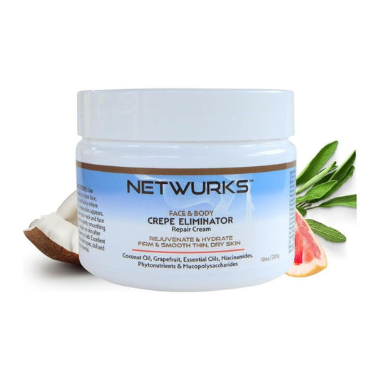 Netwurks Crepe Eliminator Face & Body Repair Cream pack for dry crepey-looking skin