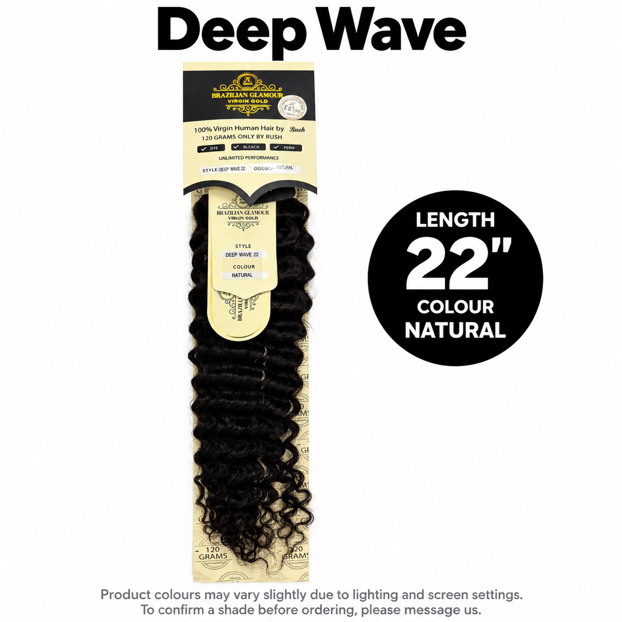 Rush Brazilian Glamour Virgin Gold Deep Wave human hair, 22 inches, Natural colour