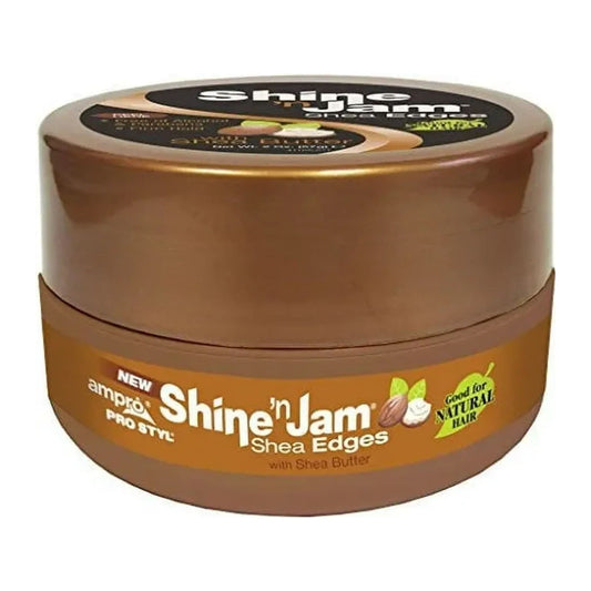Ampro Shine N Jam Shea Edges Conditioning Gel 2.25oz jar for strong hold edge control