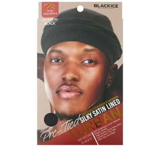 Black Ice Pre-Tied Silky Satin Lined M/L Black Turban #BIC303BLAM