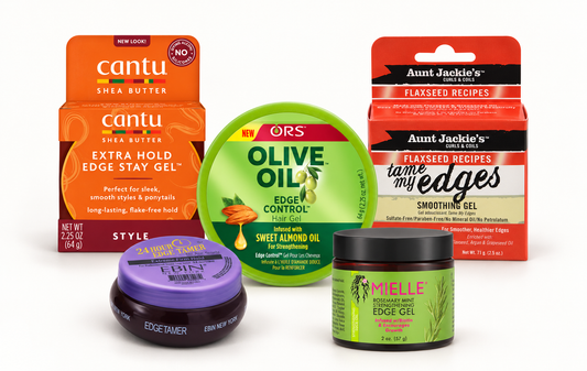 A selection of edge control products from CC Hair and Beauty arranged on a plain light background