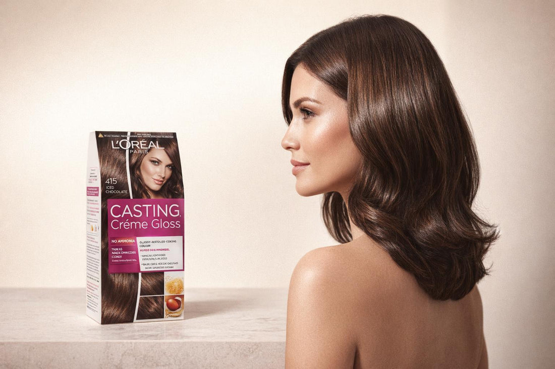 Woman with glossy chocolate-brown hair beside a box of L'Oréal Paris Casting Crème Gloss