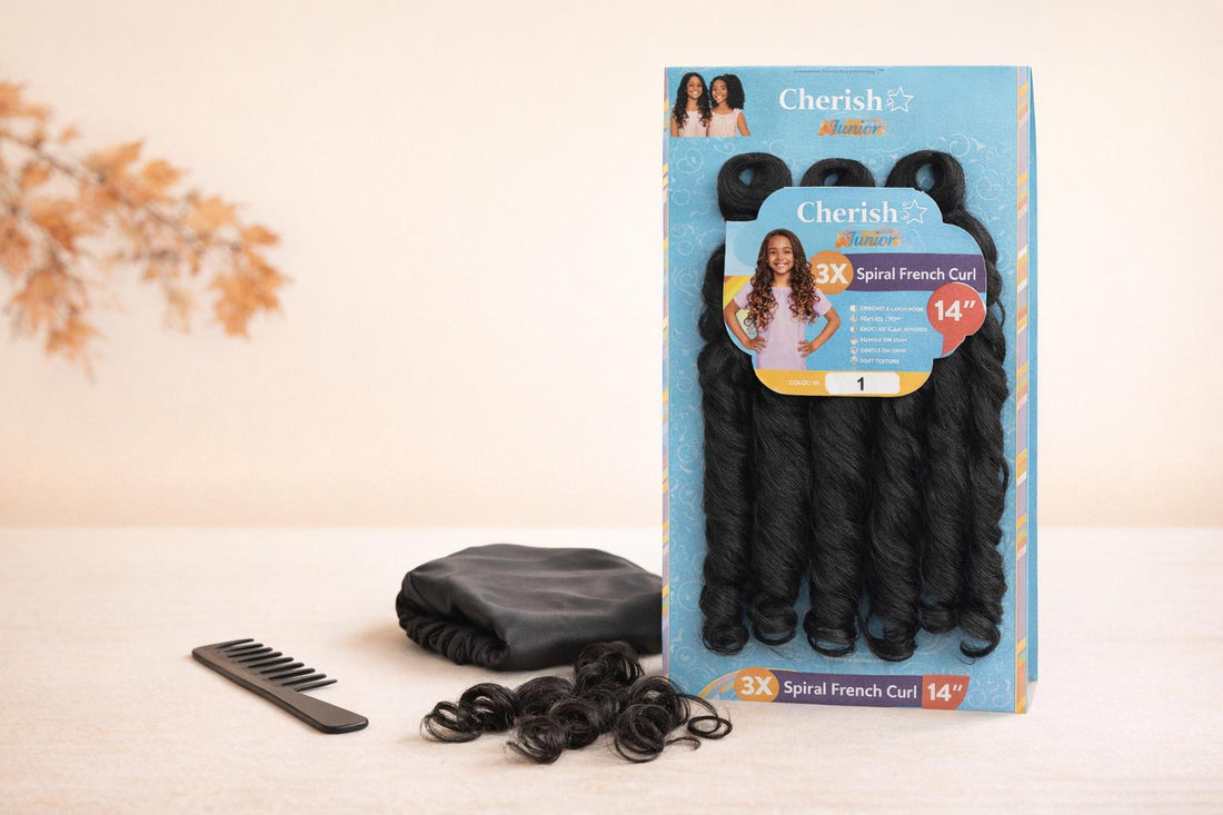 A pack of Cherish Junior Spiral French Curl braiding hair with loose curls, a satin bonnet and a comb on a cream table with autumn leaves