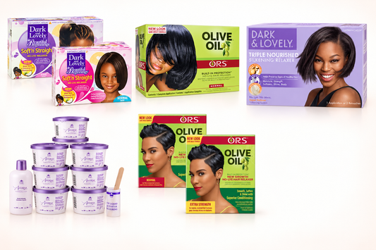 Six hair relaxers from CC Hair and Beauty arranged on a plain light background