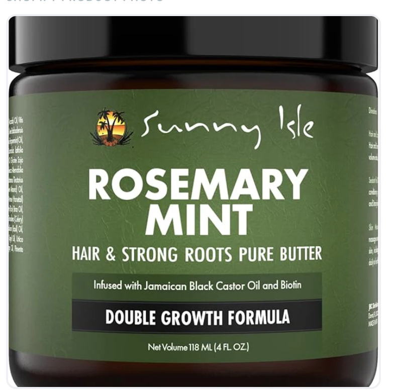 Sunny Isle Rosemary Mint Hair and Strong Roots Butter jar with rosemary sprigs and mint leaves on wooden surface