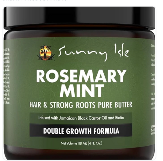 Sunny Isle Rosemary Mint Hair and Strong Roots Butter jar with rosemary sprigs and mint leaves on wooden surface