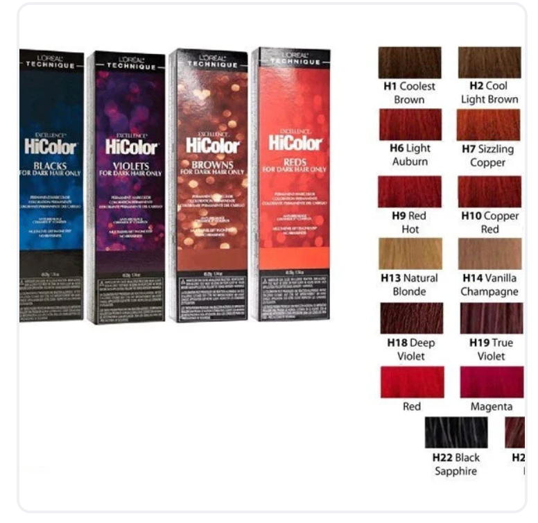 Loreal Technique Excellence Permanent HiColor tube showing vibrant professional hair color results