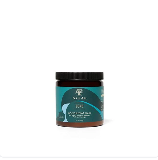 As I Am Bond Repair Hair Mask with moringa amla and ceramides on bathroom counter