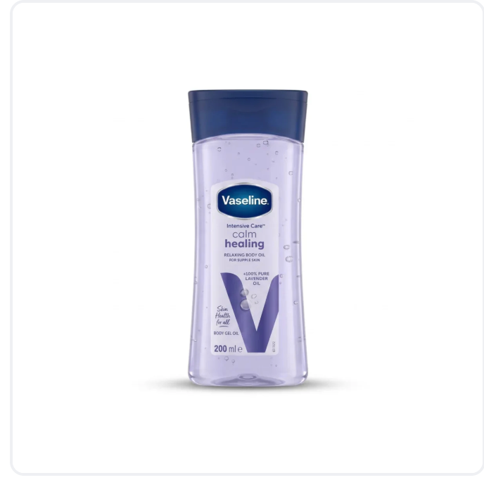 Vaseline Intensive Care Calm Healing Body Gel Oil 200ml bottle on skincare display at CC Hair & Beauty Leeds