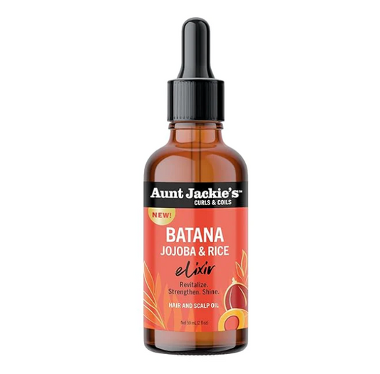 Aunt Jackie's Curls and Coils Batana Jojoba Rice Elixir Hair Oil bottle on wooden surface with natural ingredients