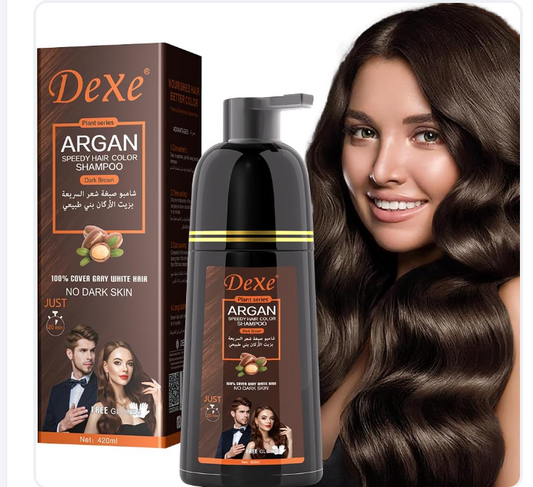 Dexe Plant Series Argan Speedy Hair Color Shampoo 420ml bottle on bathroom counter