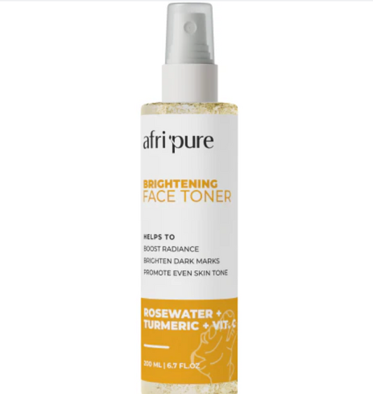 Afri Pure Brightening Face Toner bottle with rosewater turmeric and vitamin C on skincare routine table
