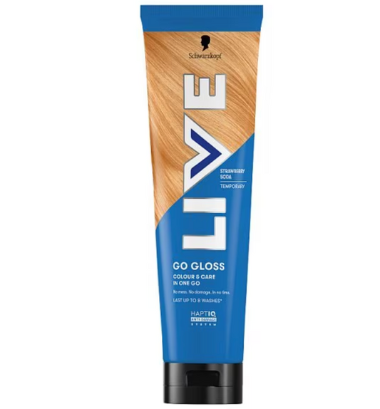 Schwarzkopf LIVE Colour Care In One Go Shine Hair Gloss 150ml bottle with glossy hair background