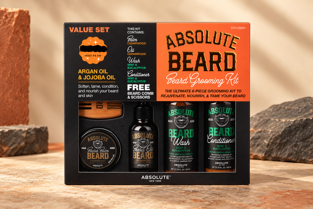 Absolute New York six-piece Beard Grooming Kit in its black and orange box on a warm studio surface