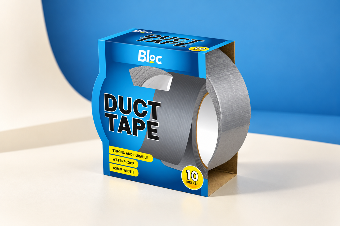 Bloc Duct Tape 10m in blue packaging with grey roll on a blue and cream studio background