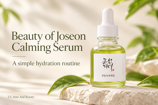Beauty of Joseon Calming Serum Green Tea + Panthenol bottle with a simple hydration routine guide