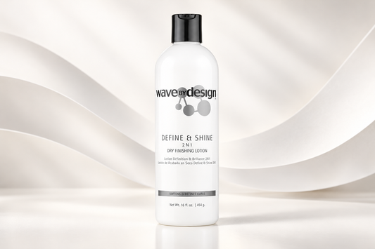Design Essentials Wave By Design Define & Shine 16 oz lotion bottle on a cream studio background
