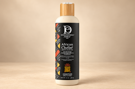 Design Essentials African Chébé Leave-In Conditioner 12oz bottle on a warm cream studio background.