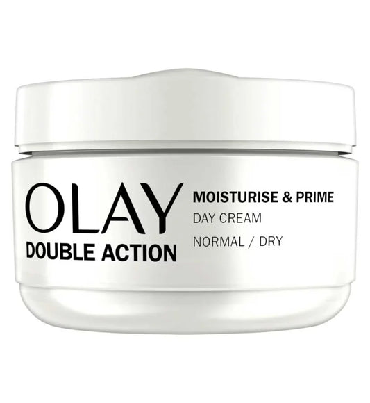 Olay Double Action Moisturiser Day Cream and Primer 50ml jar on beauty counter