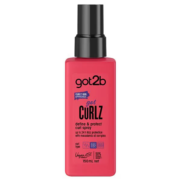 Sunday curl care routine with Got2b Define & Protect Curl Spray on bathroom counter surrounded by curl care products