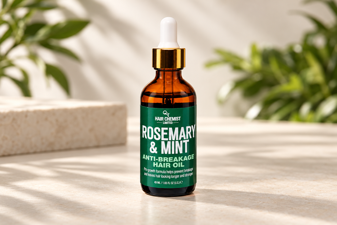 Hair Chemist Rosemary and Mint Anti-Breakage Hair Oil 49ml amber dropper bottle in a cream studio