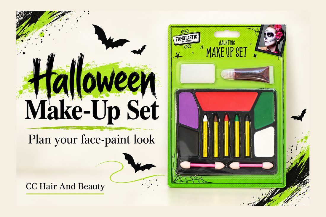 Halloween Make-Up Set green pack with paints, crayons, fake blood tube and sponge applicators