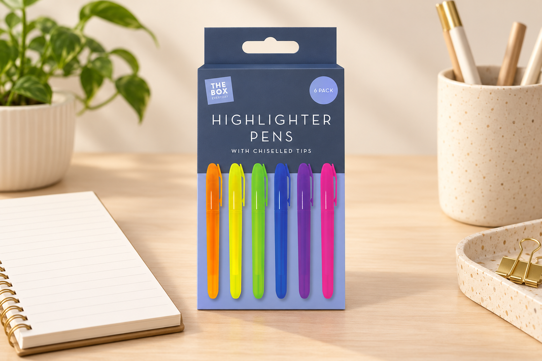 Six bright highlighter pens in The Box Everyday pack on a desk beside a notebook
