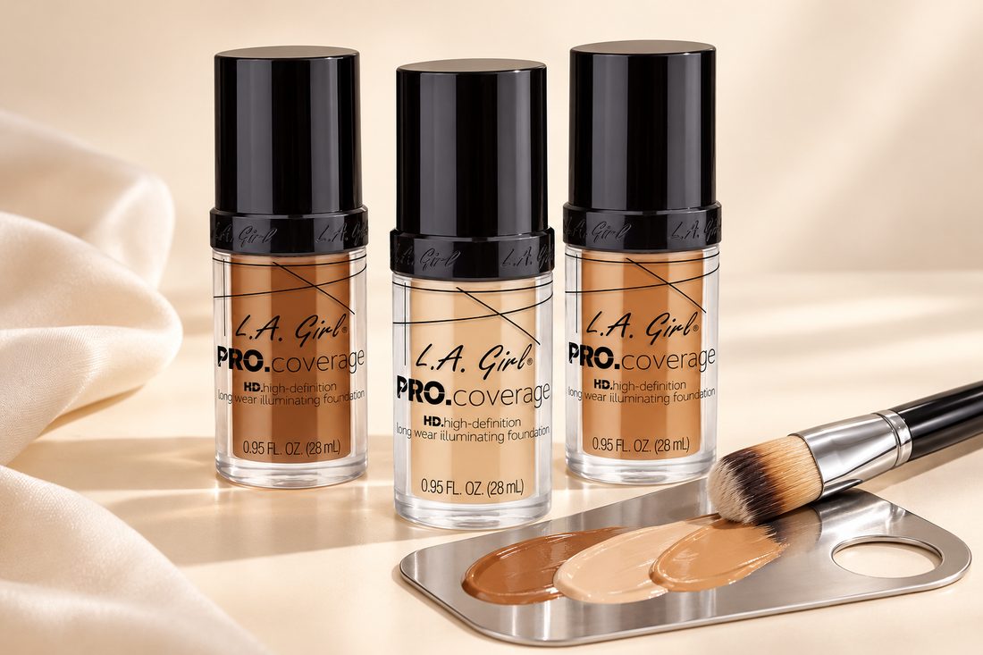 L.A. Girl PRO.coverage foundation bottles with a makeup mixing palette and brush.
