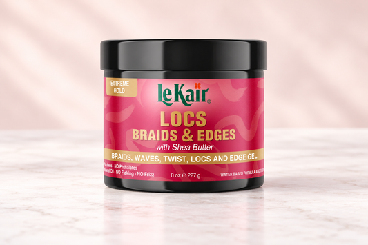 LeKair Locs Braids & Edges Gel 8oz black jar with red label on a pale pink background