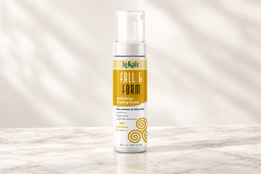 LeKair Fall & Form Styling Foam white pump bottle with gold label on an ivory background