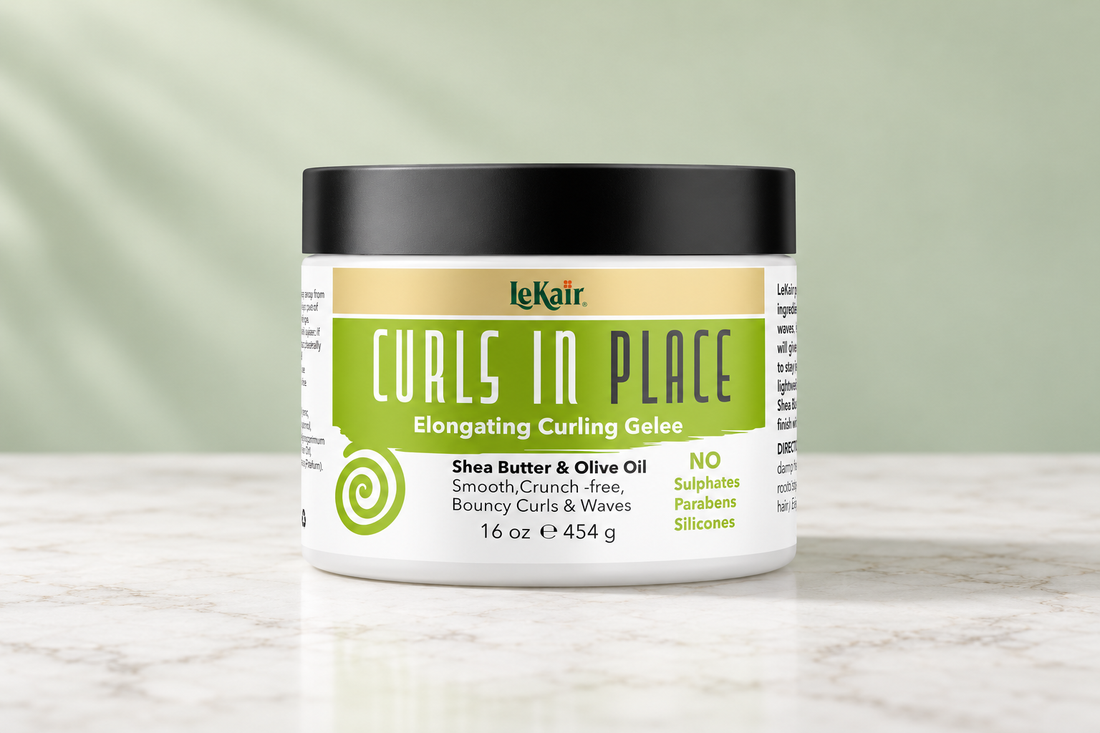 LeKair Curls In Place Curling Gelee 16oz jar with lime-green label on a pale sage background