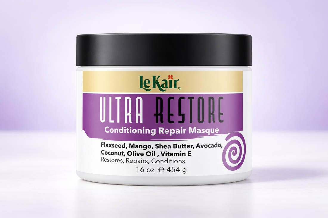 LeKair Ultra Restore Conditioning Repair Masque 16oz tub on a pale lavender background